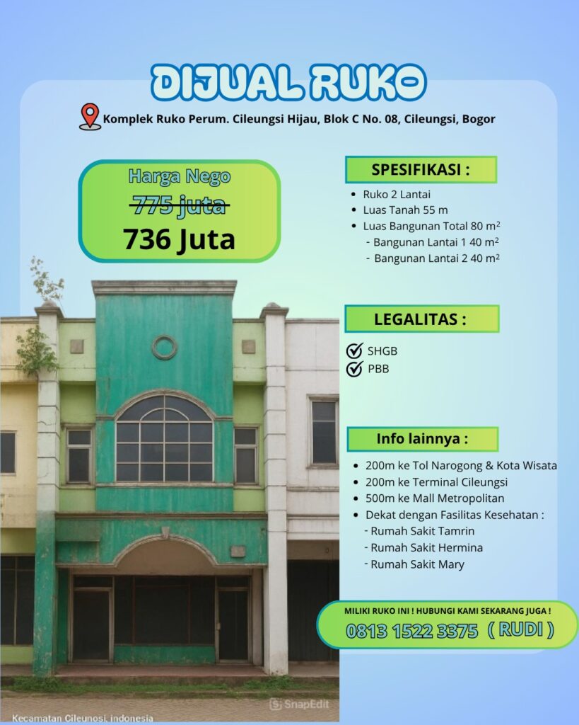 Dijual Ruko Strategis di Cileungsi, Bogor🏢