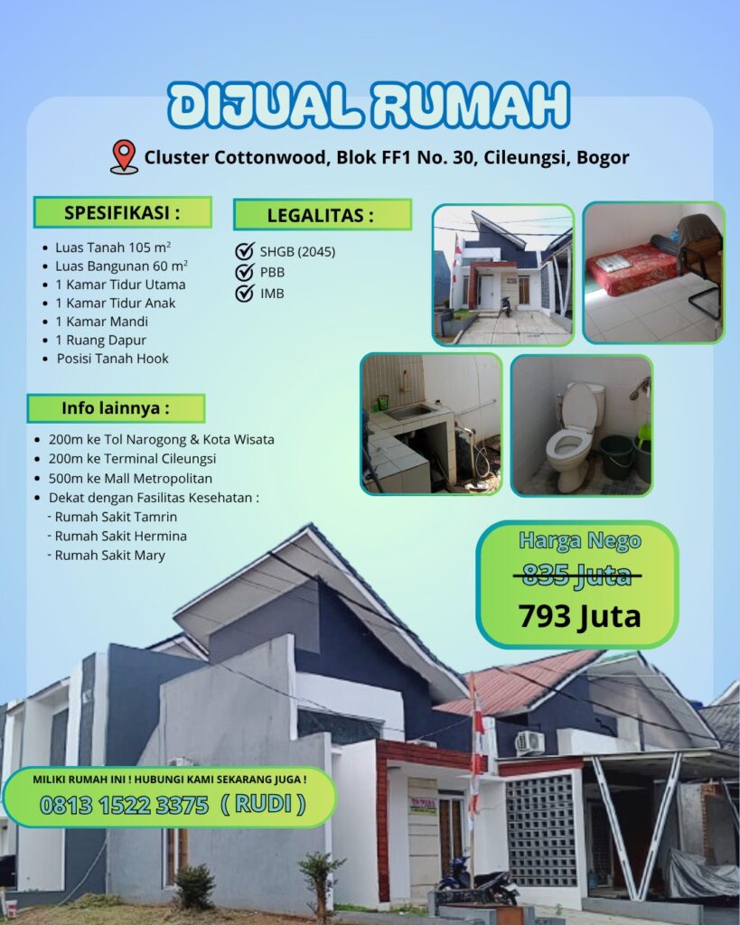 Dijual Rumah Hook Strategis di Cileungsi, Bogor