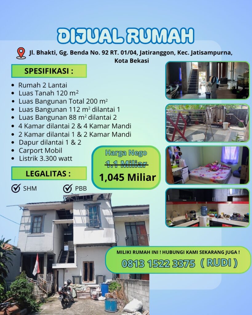 DIJUAL RUMAH 2 LANTAI – JATISAMPURNA, BEKASI🏡