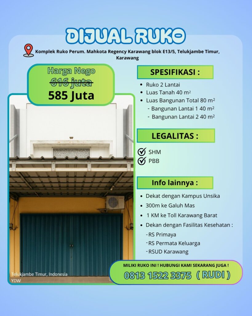 Dijual Ruko Strategis di Mahkota Regency Karawang