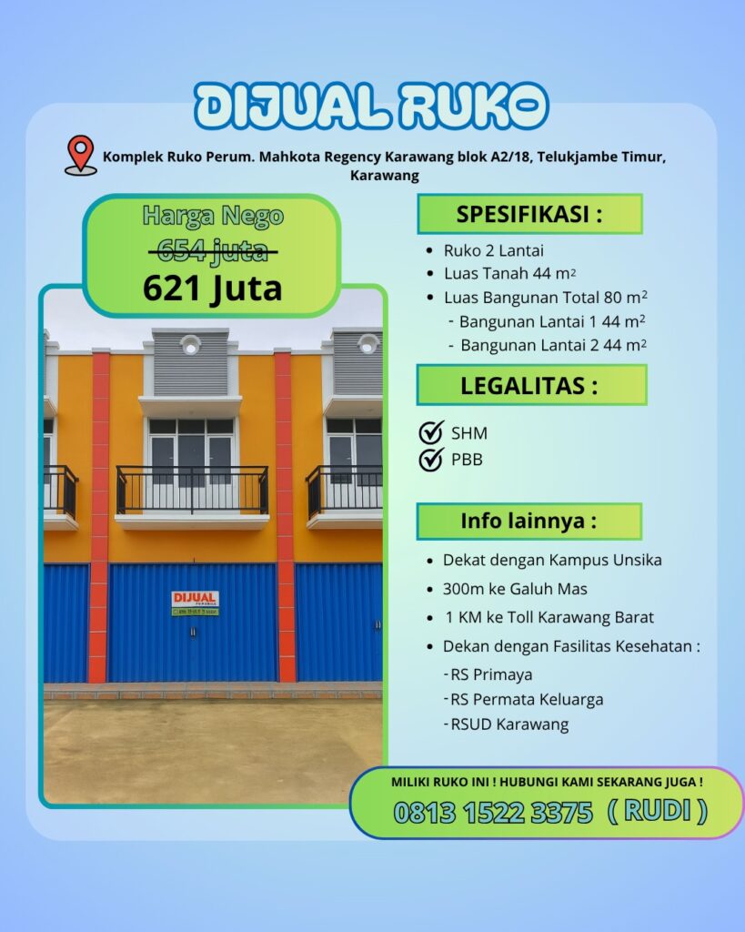 Dijual Ruko 2 Lantai Strategis di Mahkota Regency, Karawang