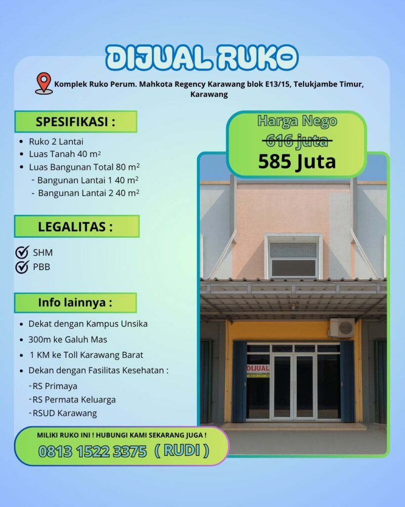 Dijual Ruko Strategis 2 Lantai di Mahkota Regency Karawang