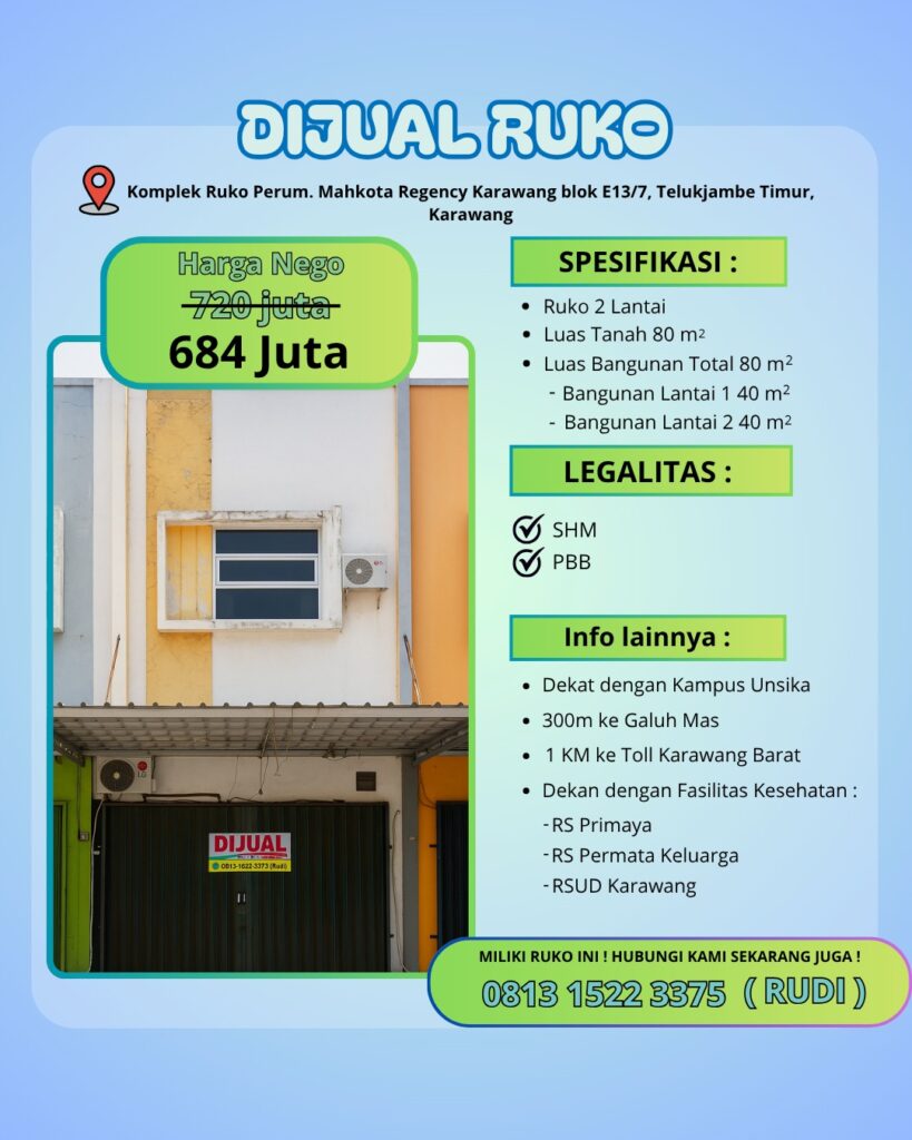 Ruko 2 Lantai di Komplek Mahkota Regency, Karawang