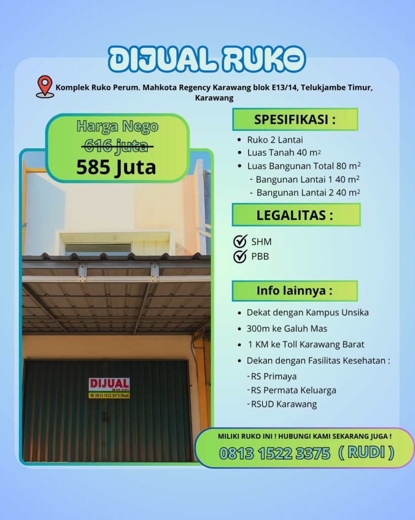 Dijual Ruko 2 Lantai Strategis di Mahkota Regency Karawang