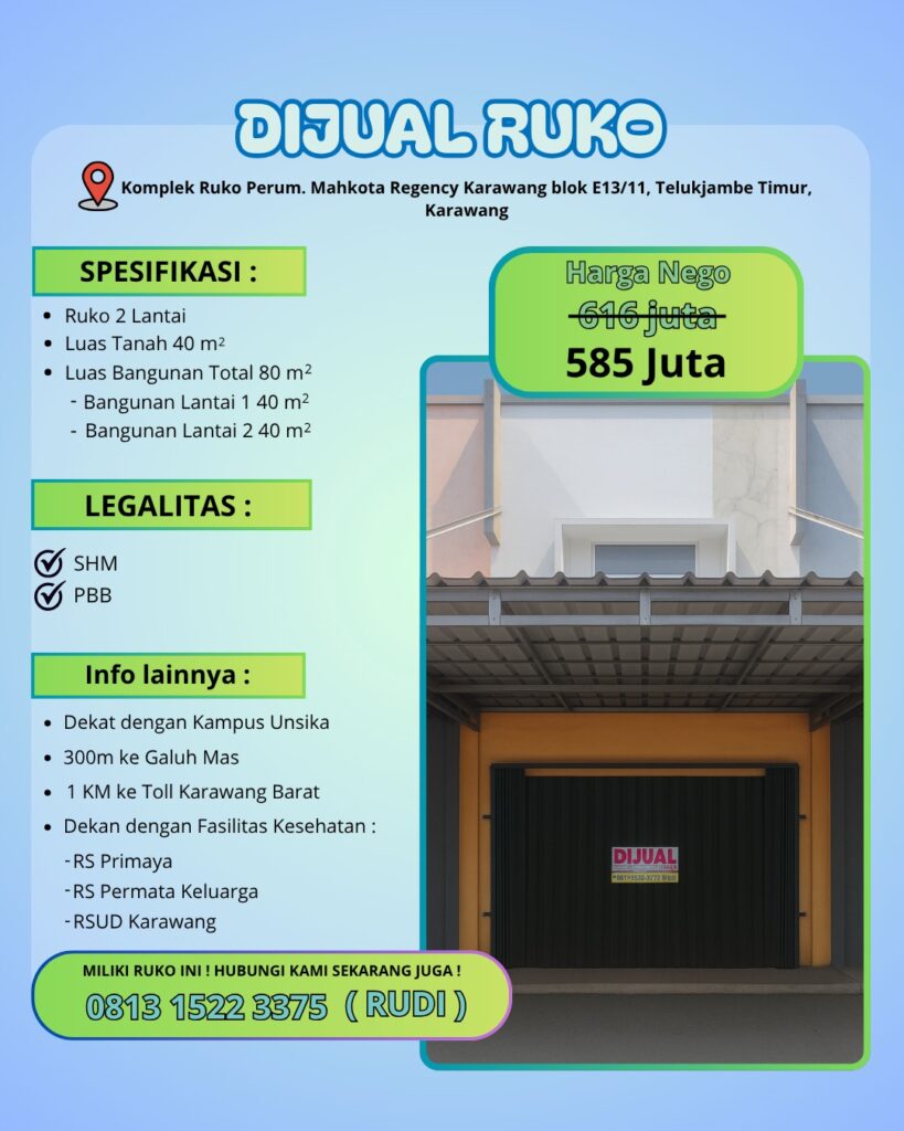 Dijual Ruko 2 Lantai Strategis di Mahkota Regency Karawang